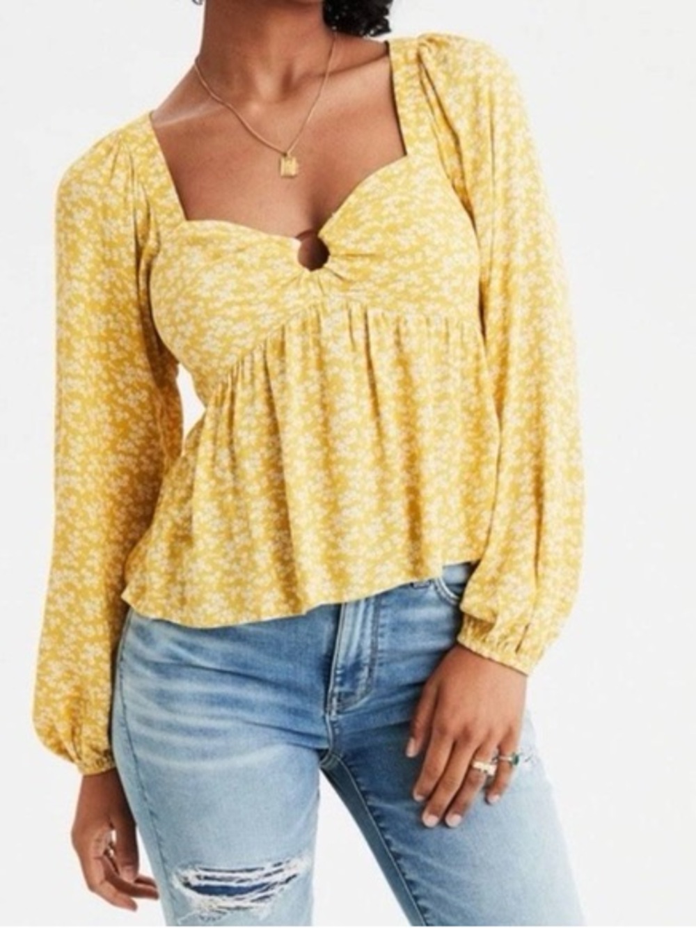 American Eagle Mustard Yellow White Ditsy Floral Long-Sleeve Ring-Front Smocked